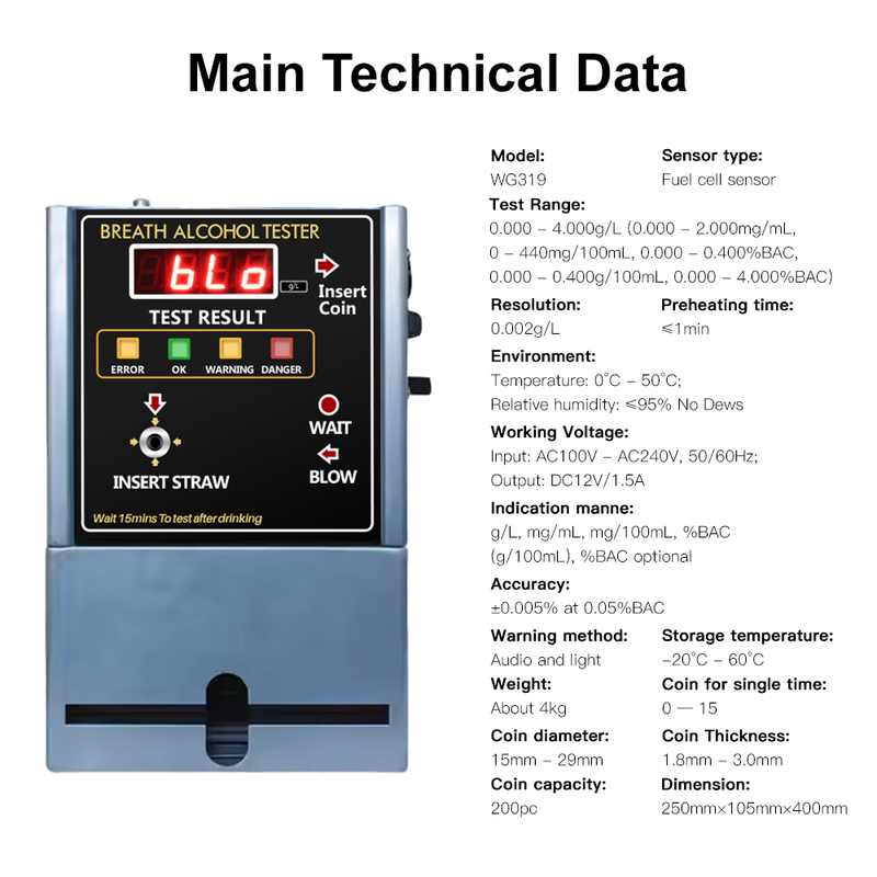 In Stock Coin-Operated Breathalyzer Gas Analyzers OEM and ODM Alcohol Detector for Bar and Public Places